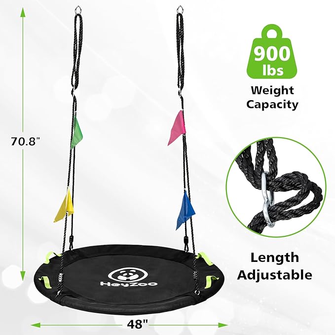 48 inch Tree Swing, Larger Saucer Flying Swing for Whole Family, 900lbs Weight Capacity, with Adjustable Hanging Straps, for Outdoor Backyard, Gifts for Kids, Black-VerdiqueGarden