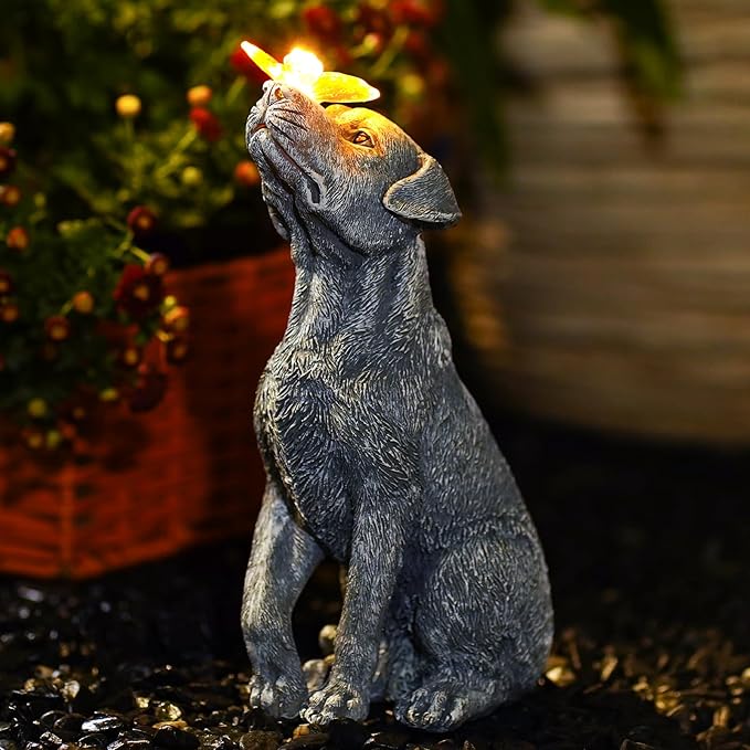 Solar Garden Statue Dog Figurine – Outdoor Decoration with Butterfly for Garden Yard Lawn Home Decor Outside : Unique Gifts for Mom Grandma-VerdiqueGarden