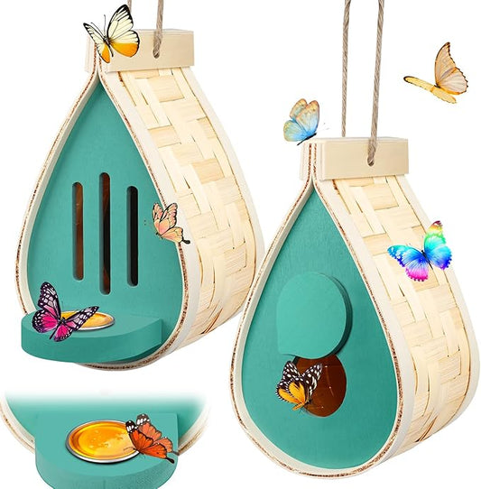 2 Pcs Butterfly House and Feeder, Wooden Hanging Butterfly House for Garden, Natural Butterfly Habitat with Butterfly Puddler for Bugs, Butterflies, Moths, Lacewings-VerdiqueGarden