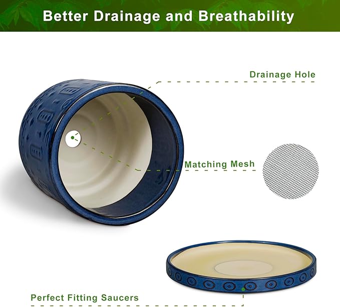 12 Inch Pot for Plants - Ceramic Planter for Indoor Plants Large Plant Pot with Drainage Holes and Saucer Outdoor Flower Pot Decorative Round Planter for Porch Office Decor Blue-VerdiqueGarden