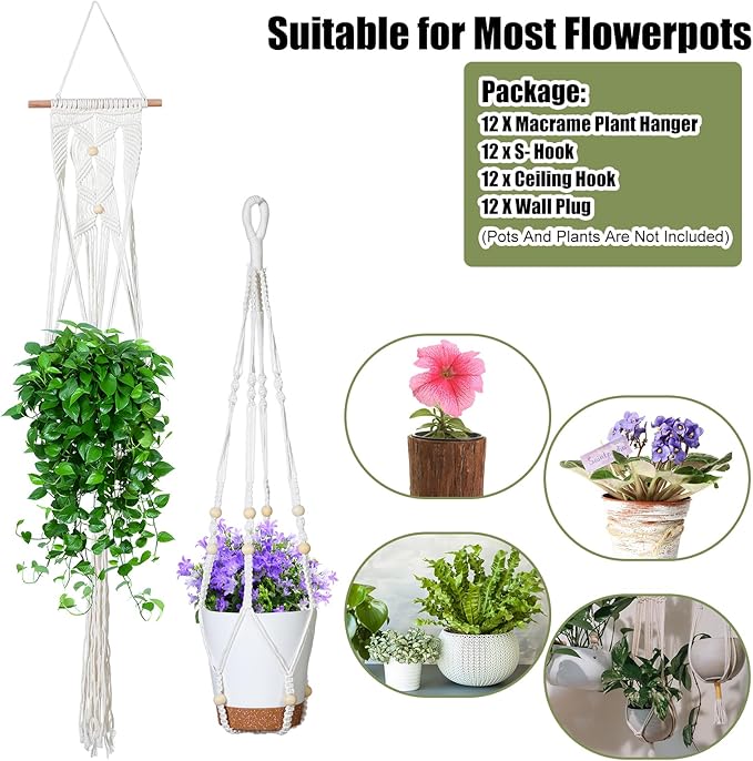 Hoteam 12 Pcs Macrame Plant Hangers Macrame Hanging Planters for Indoor Plants Handmade Boho Hanging Baskets Flower Pots Holder for Outdoor Home Wall Decor-VerdiqueGarden