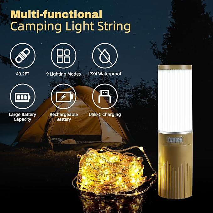 Camping Lantern with 49.2FT String, 2 in 1 Outdoor Warm White String Lights with 4 Modes & 5 Modes Rechargeable Camping Lamp IPX4 Waterproof Portable LED Tent Light for Outdoor Yard Garden Decoration-VerdiqueGarden