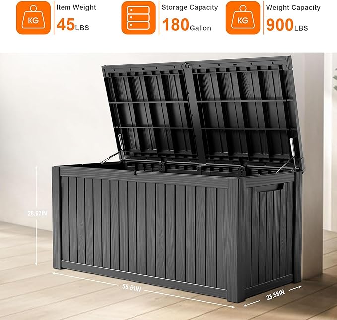 180 Gallon Resin Deck Box, Lockable Patio Outdoor Storage Box for Furniture, Garden Tools and Tools Storage, Waterproof Outside Storage Boxes - Black-VerdiqueGarden