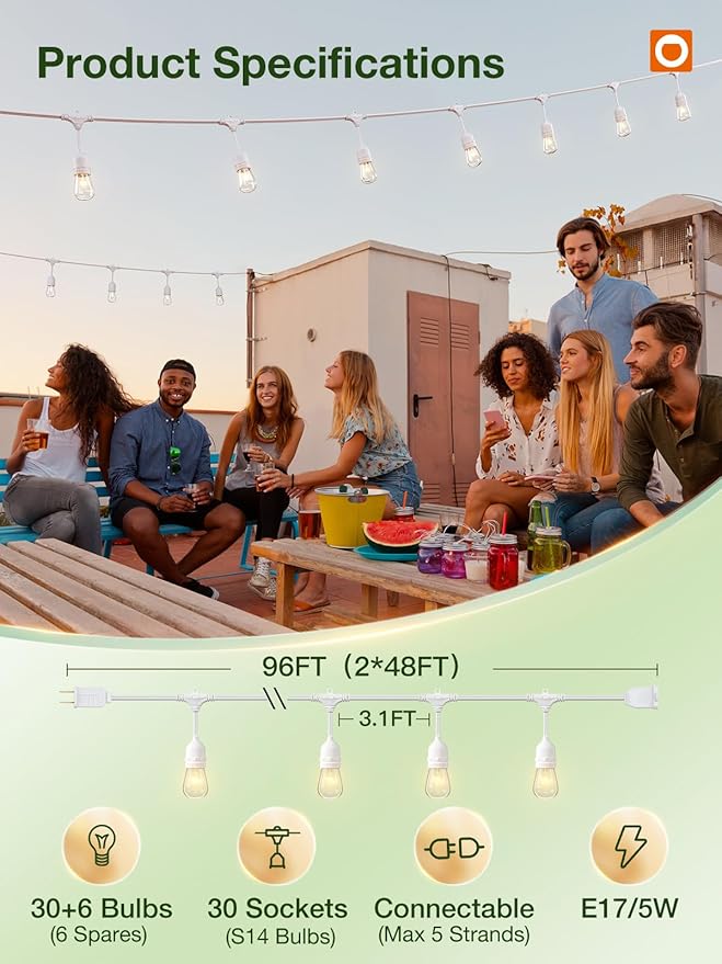 addlon 96FT(48FT*2) Outdoor String Lights White Commercial Grade Weatherproof Strand, 36 Edison Vintage Bulbs, 30 Hanging Sockets 6 Spare Bulbs, ETL Listed Decorative Lights for Patio Garden-VerdiqueGarden