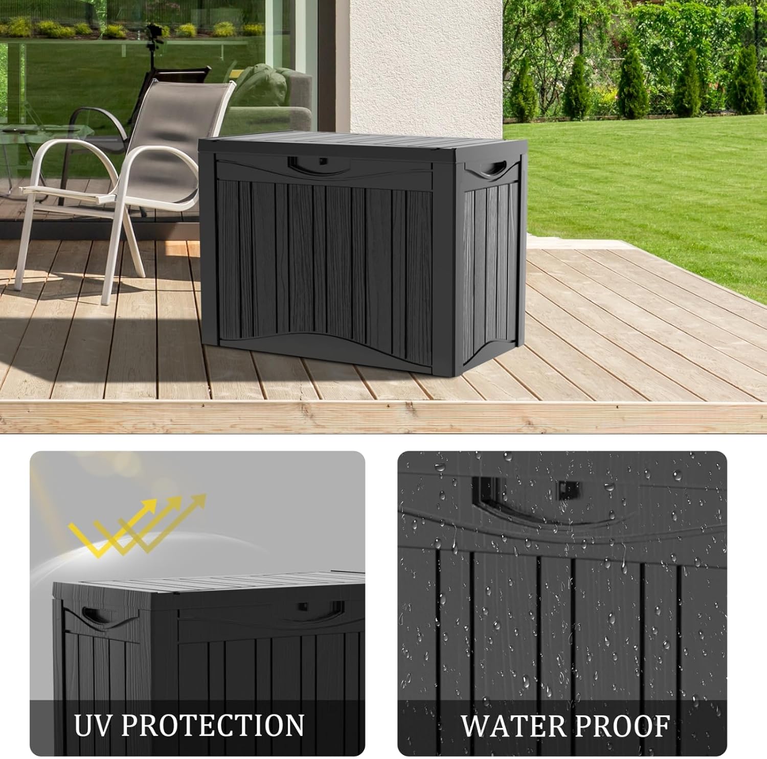 50 Gallon Heavy Duty Outdoor Deck Box with Lockable Lid, All Weather Waterproof Storage for Patio Cushions, Pool Toys, Garden Tools - Rust-Proof Resin Design (Black)-VerdiqueGarden