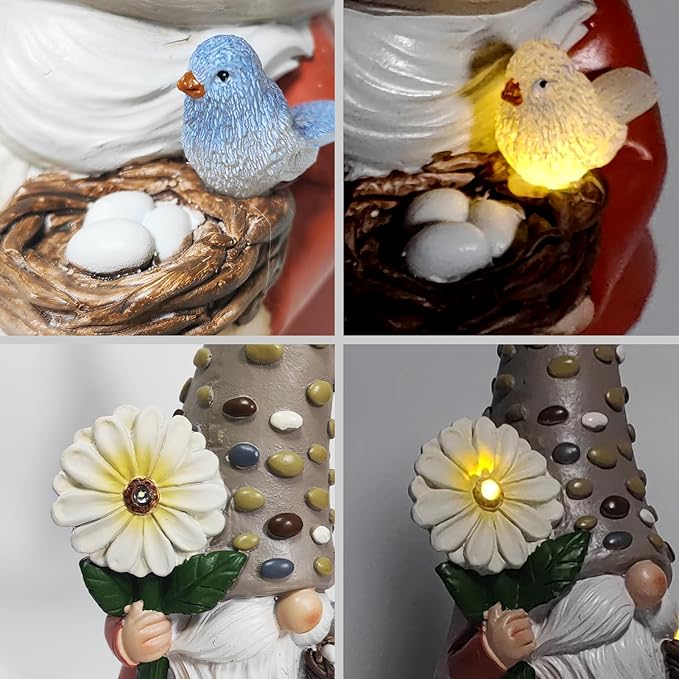 12 Inch Solar Garden Gnome Statue Clearance with Sunflower and Bird's Nest Light – Outdoor High Hat Gnome Sculpture Outdoor Statue for Patio and Garden Decor – Figurine Gift for Gnome Lovers-VerdiqueGarden