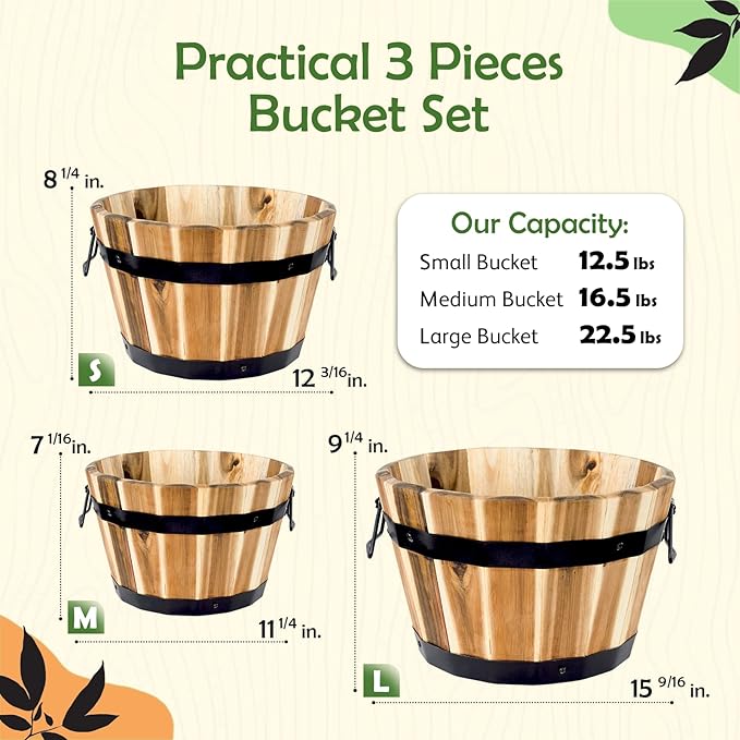 Idzo Set of 3 Wooden Flower Boxes Outdoor, Durable Acacia Wood Barrel Planters for Outdoor Plants with Ergonomic Handles, Drainage Holes, Multiple Sizes Wood Bucket Planter for Home Decor-VerdiqueGarden