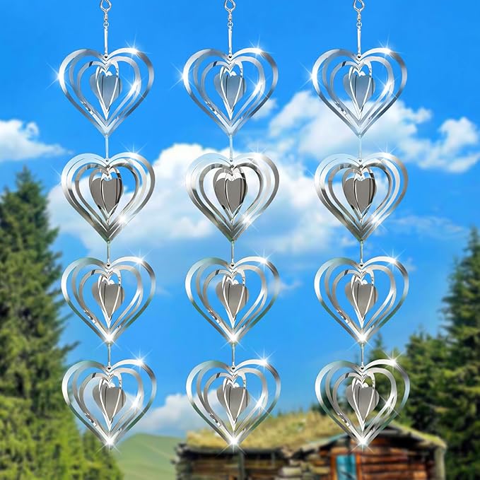 12 Metal Heart Bird Scarer Discs Set, Wind Spinners 3D Helix Reflector Stainless Steel Sparkly Outdoor Garden Decor, Scare Birds & Animals Away from Garden Yard Patio Lawn Farm Wind Sculpture Gifts-VerdiqueGarden