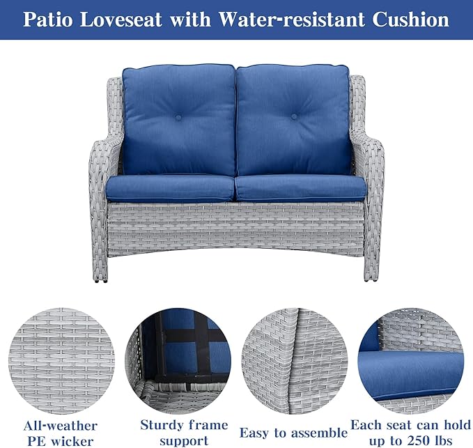 5 Piece Outdoor Patio Furniture Set - Patio Wicker Furniture Conversation Set, Outdoor Swivel Rocker Chairs with Loveseat Sofa and 2 Ottomans for Small Space, Blue Cushion-VerdiqueGarden