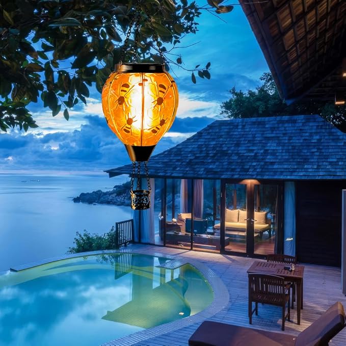 Starsoul Hot Air Balloon Solar Lantern Bee Glass Hanging Outdoor Hot Air Balloon Solar Flickering Flame Light Waterproof Garden Patio Yard Party Decorations-VerdiqueGarden