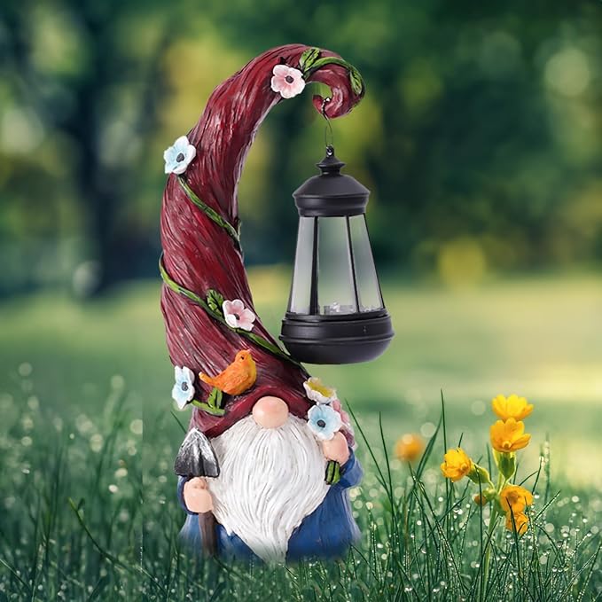 Gnome Garden Decor Statue Solar Gnomes Decorations for Yard with Lantern Light Outdoor Decorations for Patio Mom Gift-VerdiqueGarden