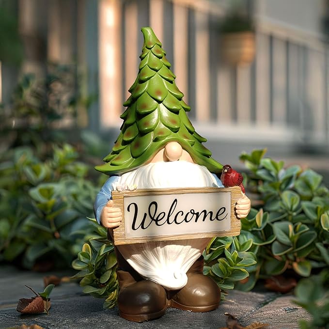 Garden Gnome Statue with Solar Lights, 13.5” Welcome Sign Gnome Outdoor Decor for Yard Lawn Patio, Funny Resin Gnome Sculptures, Gifts for Women Mom Grandma,Garden Decor Ornament-VerdiqueGarden