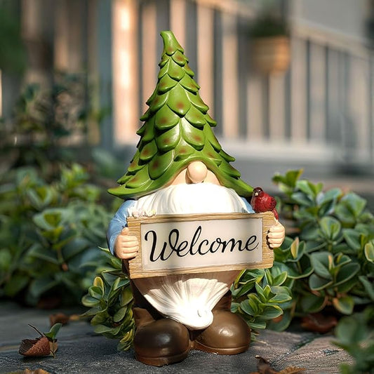 Garden Gnome Statue with Solar Lights, 13.5” Welcome Sign Gnome Outdoor Decor for Yard Lawn Patio, Funny Resin Gnome Sculptures, Gifts for Women Mom Grandma,Garden Decor Ornament-VerdiqueGarden