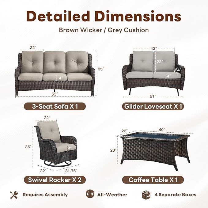 5 Piece Outdoor Patio Furniture Set - Outdoor Conversation Couch and Loveseat Glider Chair Furniture Set with Rattan Coffee Table for Deck Balcony Poolside Brown Wicker/Grey Cushions-VerdiqueGarden