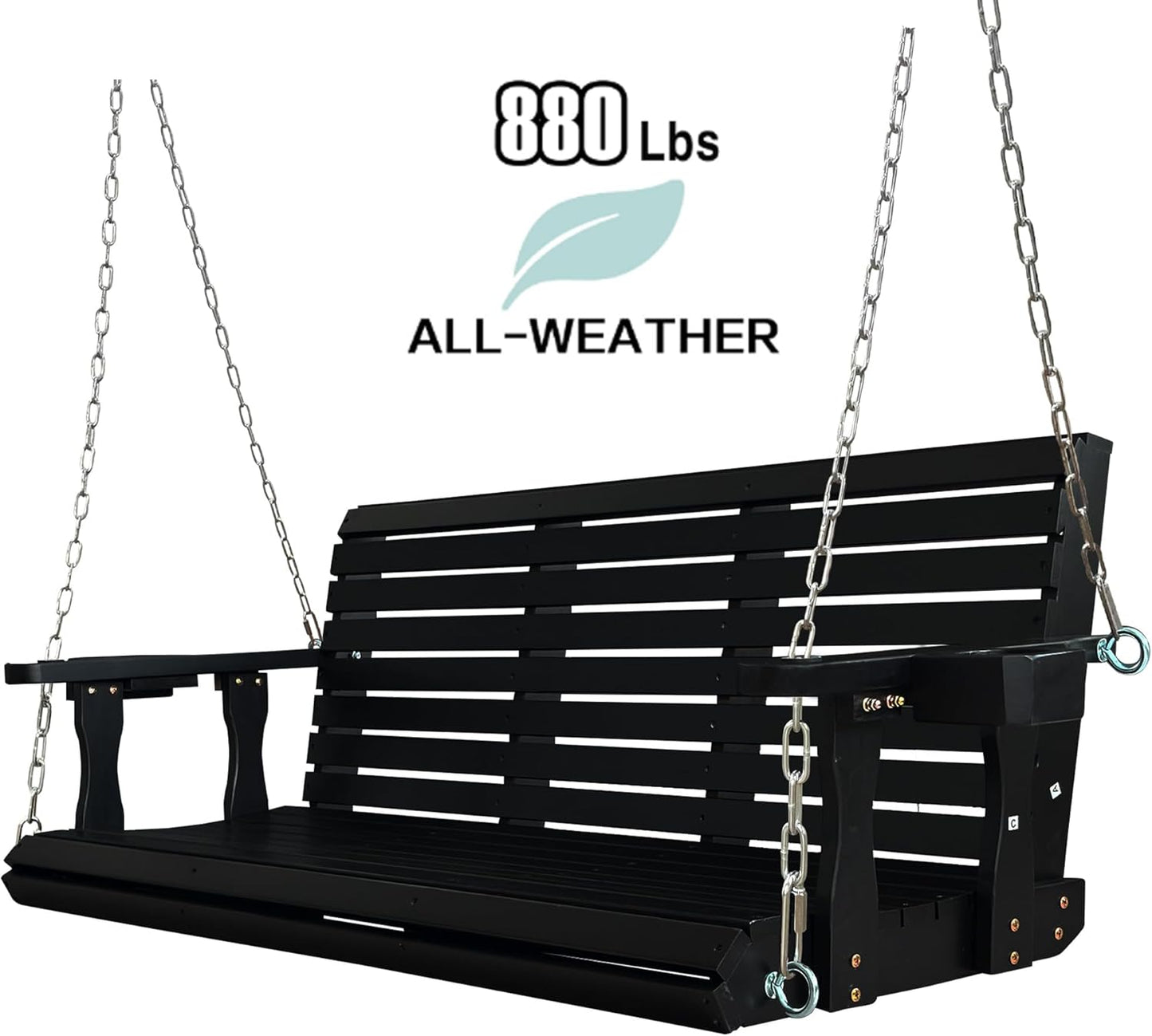 Wooden Porch Swing 3-Seater, High Backrest and Deep Seat, Bench Swing with Cupholders, Hanging Chains and 7mm Springs, Heavy Duty 880 LBS, for Outdoor Patio Garden (Carbon Black, 5 FT Extra Large)-VerdiqueGarden