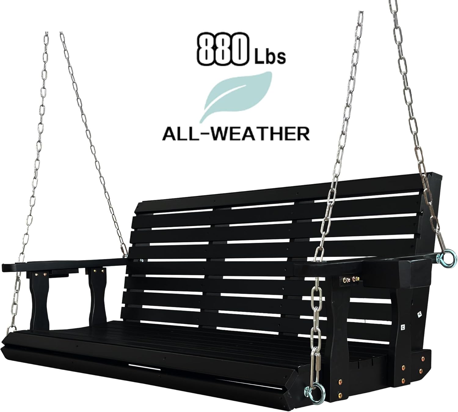 Wooden Porch Swing 3-Seater, High Backrest and Deep Seat, Bench Swing with Cupholders, Hanging Chains and 7mm Springs, Heavy Duty 880 LBS, for Outdoor Patio Garden (Carbon Black, 5 FT Extra Large)-VerdiqueGarden
