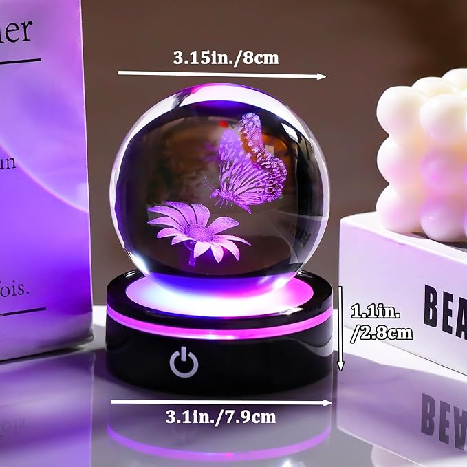 YWHL 3D Crystal Ball Butterfly and Flower Figurine with Colorful LED Base, Laser Butterfly Gifts for Women Men on Christmas Birthday, Crystal Ball Butterfly Decor Night Light for Home Decor (80mm)-VerdiqueGarden