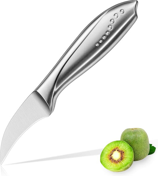 WELLSTAR 2.5 Inch Birds Beak Paring Knife, Sharp High Carbon Stainless Steel Curved Blade for Fruit and Vegetable Peeling Garnishing Cutting – Silver