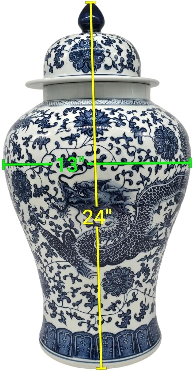 24" Classic Blue and White Dragon Porcelain Ceramic Temple Ginger Jar Vase, Large China Qing Style (Dragon)-VerdiqueGarden