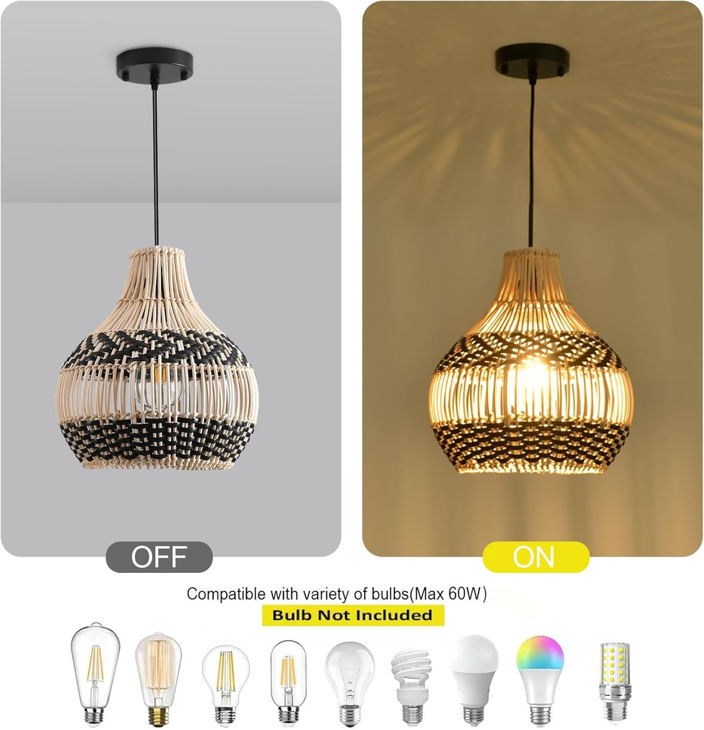 3-Pack Fax Rattan Pendant Light Fixture Mini Hand-Woven Black White Rattan Chandelier 10.24" Boho Wicker Hanging Lamp for Dining Living Bedroom Kitchen Farmhouse-VerdiqueGarden