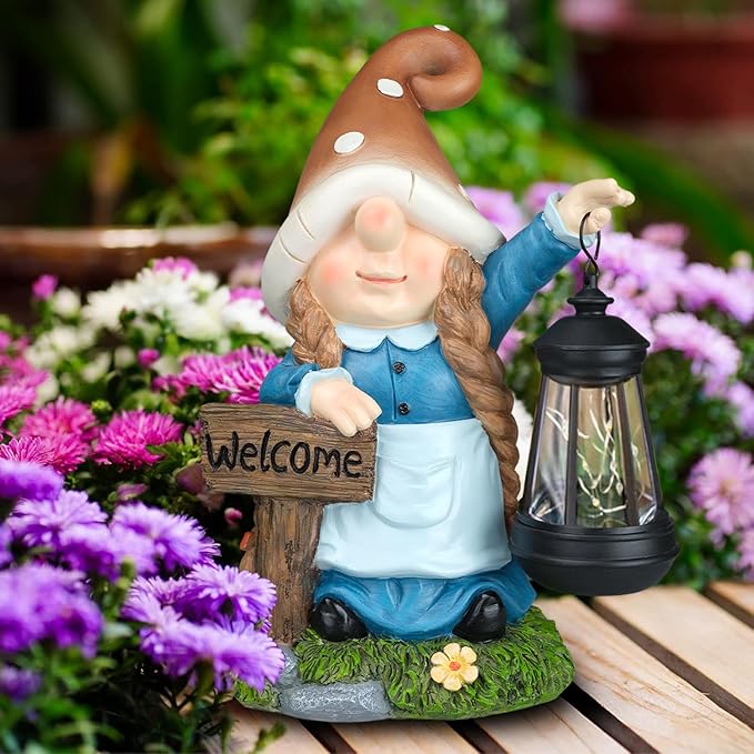 Solar Large Gnome Garden Statue with Welcome Sign Outdoor Decor with LED Lantern Funy for Porch Yard Patio Lawn Ornament Christmas Housewarming Gardening Gift-VerdiqueGarden