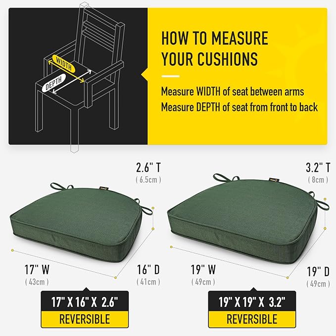 SUNROX Gel Memory Foam Chair Cushions, FadeShield Water-, Stain-Resistant Durable Reversible Seat Cushion Pads with Ties for Indoor/Outdoor Kitchen Dining Office, 19"x19", Set of 2, Heather Fern-VerdiqueGarden