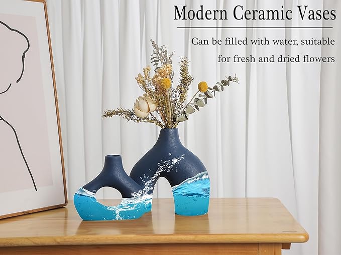 CEMABT Blue Ceramic Vase Set of 2 for Modern Minimalist Bohemian Decor，Round Matte Donut Vases for Pampas Grass-Perfect for Living Room, Dining Table, Office Bedroom Shelf Decor Entryway, Console-VerdiqueGarden