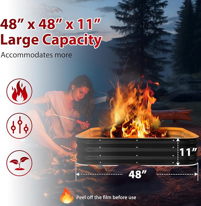 Fire Pit 48 Inch, Square Galvanized Steel Fire Pit for Outside, Heavy Duty Steel Fire Pit In-Ground for Backyard, Camping, Bonfire, Flower Raised Garden Bed for Garden, 11 Inch High-VerdiqueGarden