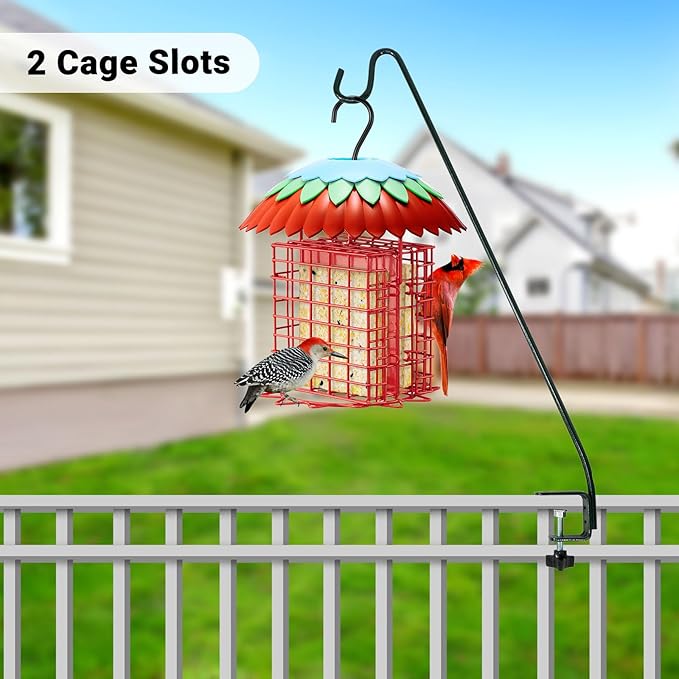 Suet Feeder Double with Weather Guard & Ant Moat, Skaithee Bird Feeders for Outdoors Hanging with 2 Holders Keep Cakes Clean & Fresh Attracts Wild Birds Great for Woodpecker & Clinging Birds, Red-VerdiqueGarden