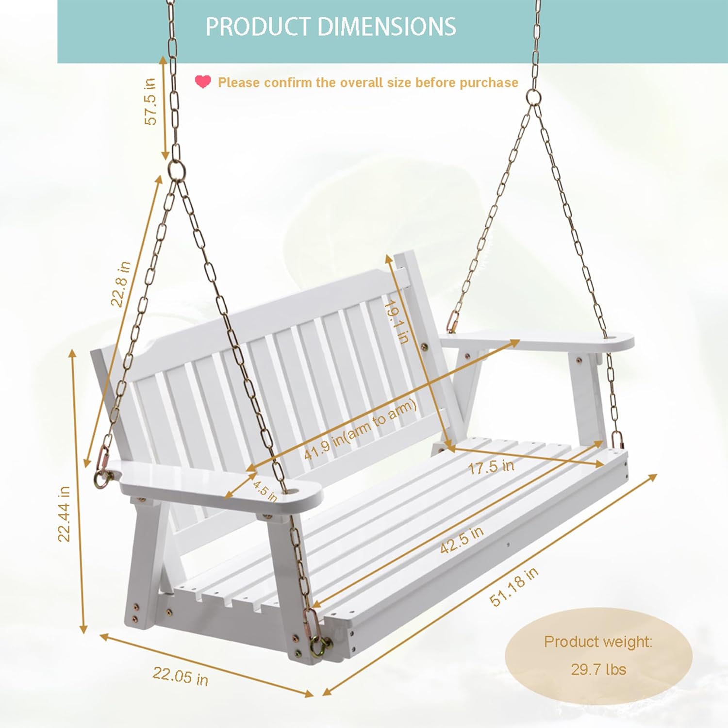 Anraja Wooden Porch Swing 2-Seater, Bench Swing with Hanging Chains, Heavy Duty 800 LBS, for Outdoor Patio Garden Yard, 4 Ft, White-VerdiqueGarden