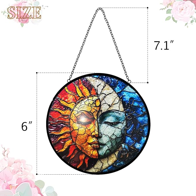 Sun and Moon Decor Suncatcher Stained Glass Window Hanging - Wall Art Stained Glass Suncatchers for Windows Hanging - Home Sun Catchers Indoor Window with Chain - Celestial Decor Gifts for Women Mom-VerdiqueGarden
