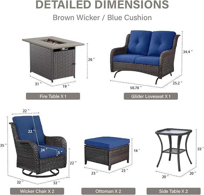 8 Piece Outdoor Patio Furniture Set - 41" CSA Propane Fire Pit Table Patio Conversation Set with Swivel Rocker Outdoor Chairs, Wicker loveseat and Ottoman for Outside Casual Gathering-VerdiqueGarden