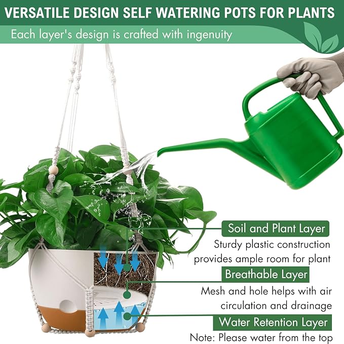 10 Inch Hanging Planters for Indoor Plants,Set of 2 Hanging Pots for Plants with Self-Watering, Outdoor Hanging Plant Pot with Drainage and 2 Kinds of Hanging Baskets Hangers for Home Decor and Garden-VerdiqueGarden