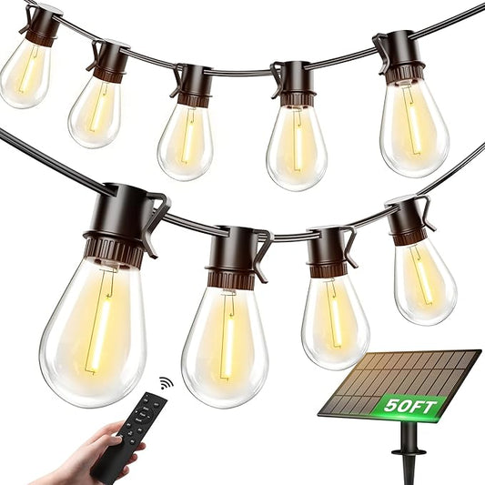 Torkase 50FT Solar Patio Lights Outdoor 15+1 Shatterproof LED Bulbs USB Rechargeable Waterproof Remote Control for Garden Porch Deck Camping-VerdiqueGarden