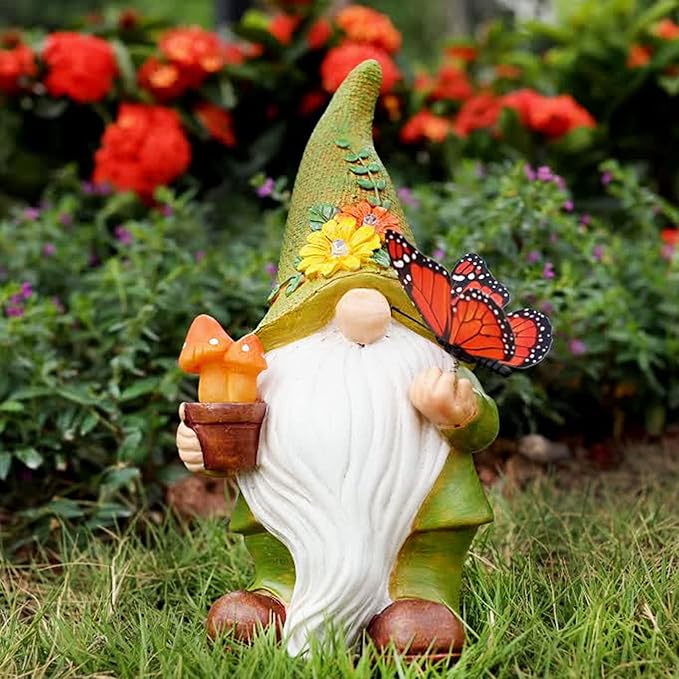 Garden Gnomes Outdoor Garden Decor-Resin Gnome with Solar Outdoor Lights Decorative Mushroom and Vivid Butterfly Spring Gnomes Decorations for Yard Decor,Gardening Gifts for Women-VerdiqueGarden