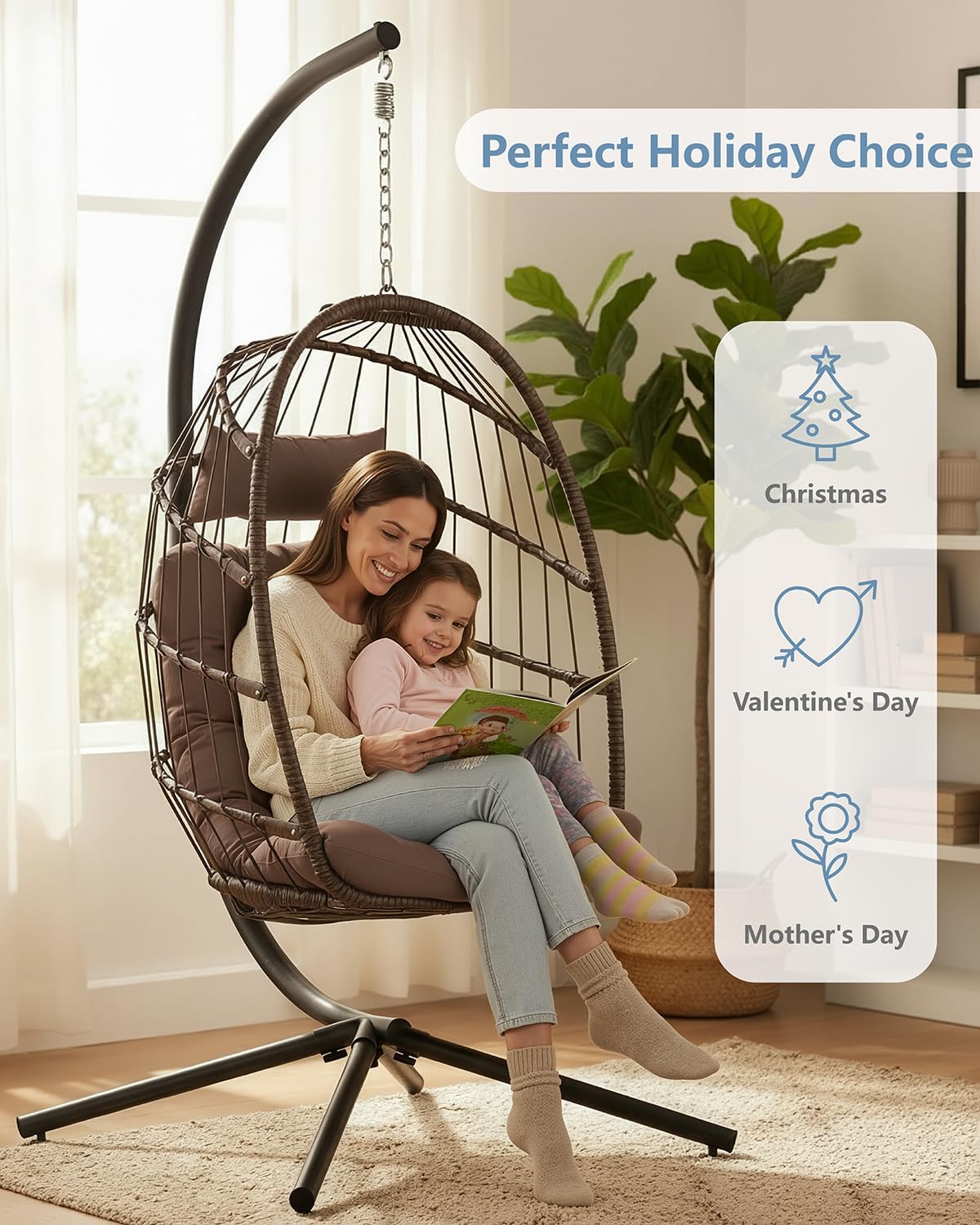 SWITTE Egg Chair Outdoor with Stand, Indoor Wicker Hanging Egg Swing Chair with Cushion, 350lbs Capacity for Patio, Bedroom, Garden - Brown-VerdiqueGarden