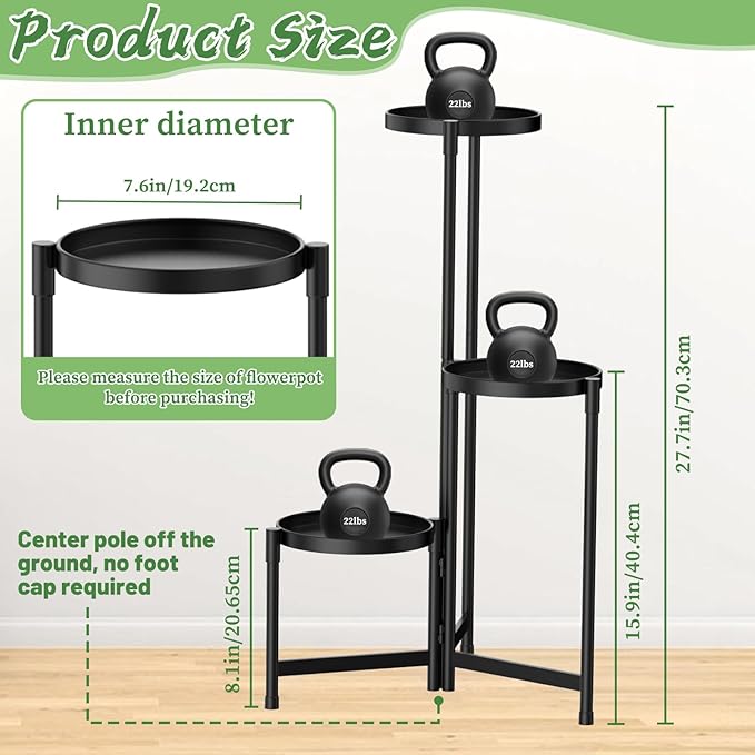 MOKANI Metal Plant Stand Indoor Outdoor for Multiple Plants, 3 Tiered Folding Corner Shelf Tall Flower Pot Holder Display Rack for Patio Living Room Balcony Garden, Black-VerdiqueGarden