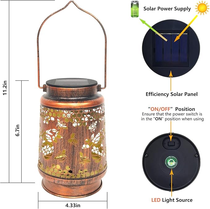 Solar Lanterns Outdoor Hanging Honeybee Decor Lantern,Waterproof Hollow Out Retro Metal Decorative Garden Light,Graceful Decoration for Patio,Yard,Landscape,Walkway,Festival-VerdiqueGarden
