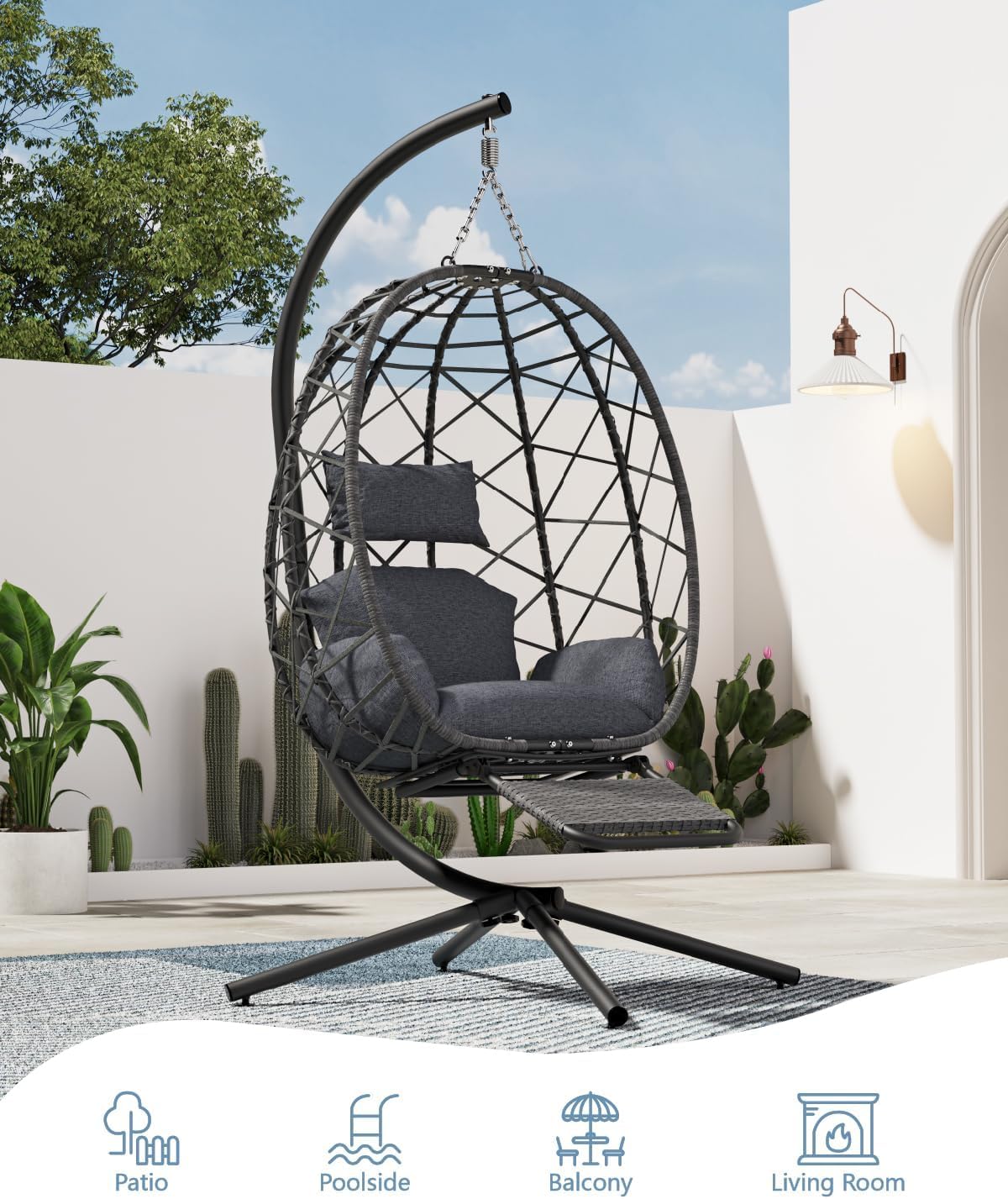 SWITTE Hanging Egg Chair with Stand, Outdoor Swing Egg Chair with Footrest, Patio Hammock Chair with Cushion for Garden Backyard-Dark Grey-VerdiqueGarden