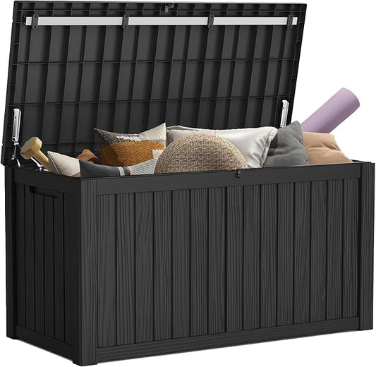 Mars Villa 150 Gallon Outdoor Storage Box Waterproof, Large Resin Deck Box for Outdoor Patio Furniture Cushions, Pool Supplies, Garden Tools, with Hydraulic Hinge, UV-Resistant and Weatherproof, Black-VerdiqueGarden