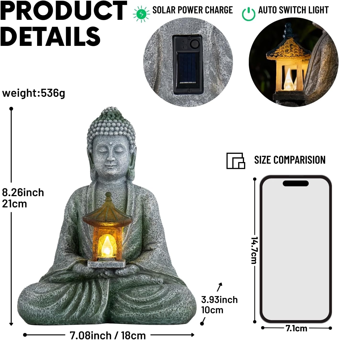Buddha Garden Statue with Solar Light, Resin Zen Decor for Outdoor Patio or Indoor Meditation, Spiritual Gift for Women and Friends (Grey Pavilion)-VerdiqueGarden