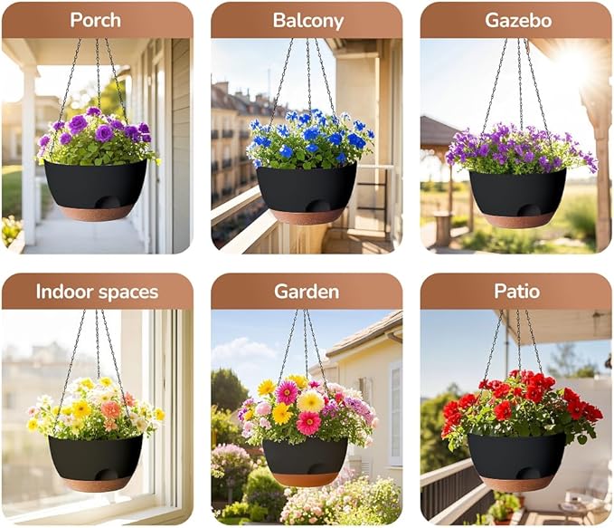 12 Inch Hanging Baskets for Plants Outdoor, Hanging Planters for Indoor Outdoor Plants, Hanging Planter with Self Watering, Hanging Flower Pots (Black)-VerdiqueGarden