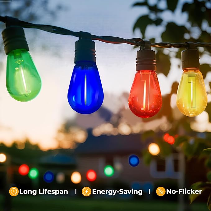 24 Pack LED S14 Colored Light Bulbs for Outdoor String Lights, Shatterproof 1W Replacement Bulbs for Patio Lights, Dimmable, 2200K Warm White, E26 Base, Multi-Color: Red/Blue/Yellow/Green-VerdiqueGarden