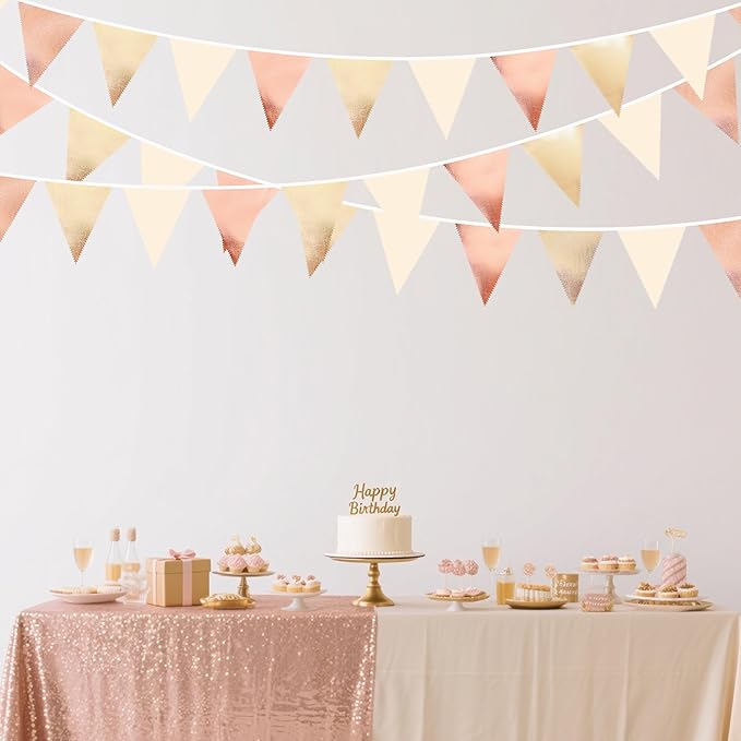 Rose Gold Champagne Gold Beige Party Decorations Metallic Fabric Triangle Flag Pennant Banner Garland Bunting for Engagement Bridal Shower Wedding Birthday Baby Shower Graduation Decoration Supplies-VerdiqueGarden