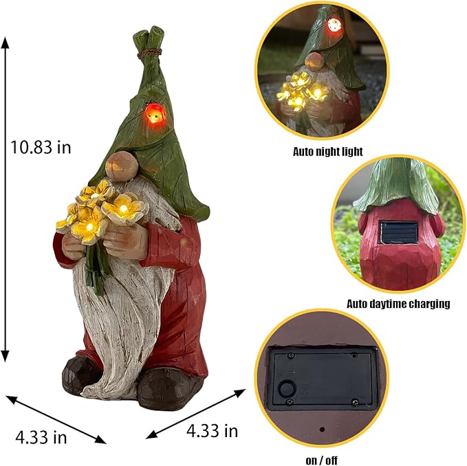 Garden Gnome Statue Outdoor Decor, Solar Garden Gnome Figurine Light, Resin Statues Sculpture for Patio Yard Lawn Outdoor Decorations-VerdiqueGarden