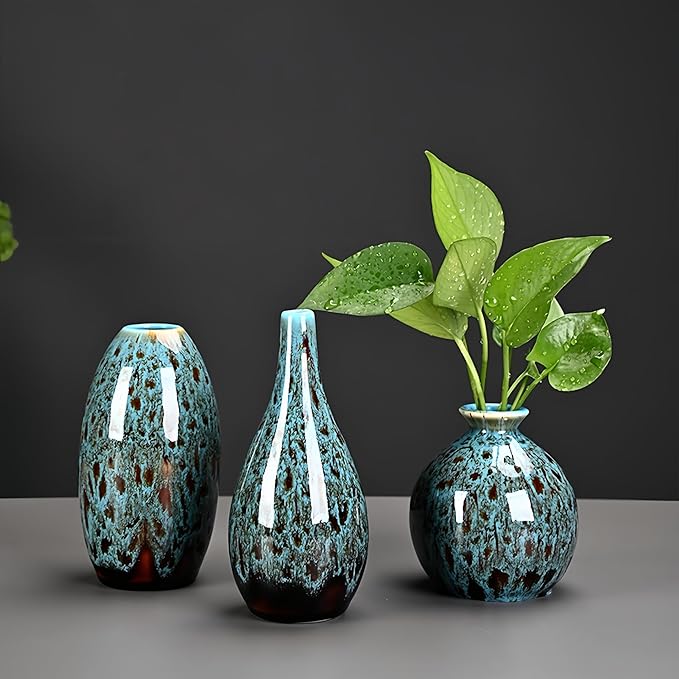 Ceramic Bud Vase Set, Fambe Blue Glazed Finish, Decorative Flower Vases (Blue-Set of 3)-VerdiqueGarden