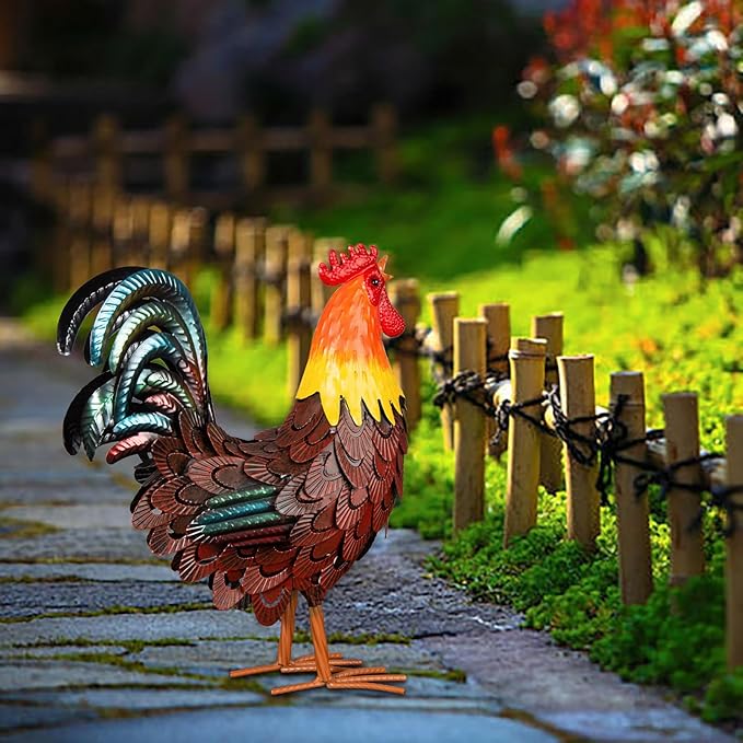 XONOR Metal Rooster Statues, Garden Chicken Decorations, Outdoor Chicken Sculpture, Metal Yard Rooster Artwork for Outdoor, Patio, Backyard and Home Kitchen Decoration (1pc, Red Brown)-VerdiqueGarden