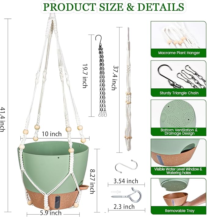 10 Inch Hanging Planters for Indoor Plants, 2 Pack Self Watering Hanging Baskets Flower Pots with Drainage Hole, Visual Reservoir & 2 Kinds of Plant Hanger for Outdoor Garden Home Decor-VerdiqueGarden