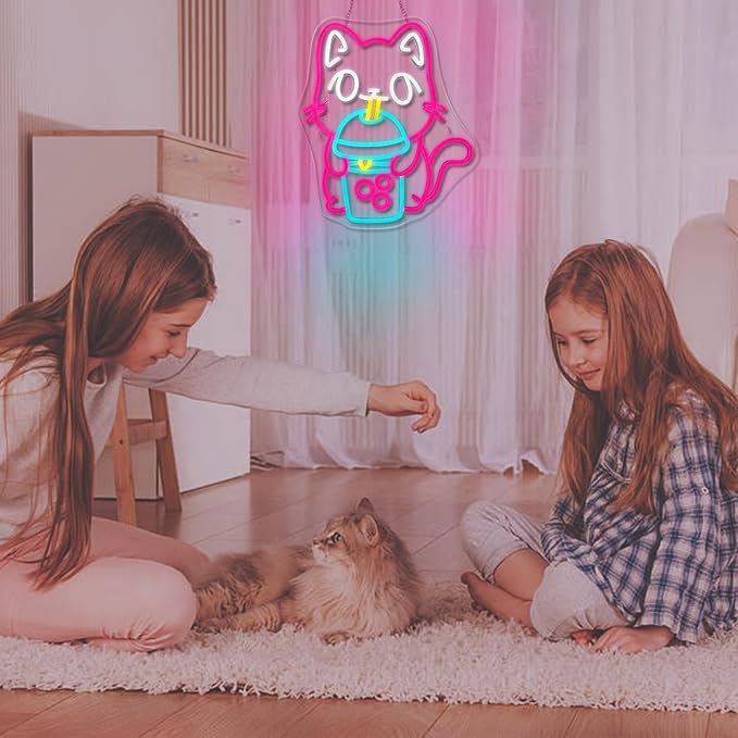 Cat Boba Tea Neon Sign,Cute Pink Kitty Bubble Tea Neon Signs for Wall Decor,Dimmable LED Neon Light Bar Sign,USB Light Up Signs for Kids Bedroom Dimsum Store Cofes Bar Milk Tea Shop-VerdiqueGarden