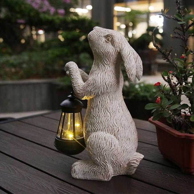 Garden Statues Rabbit with Solar Lights-Bunny Figurine Outdoor Easter Decorations Rabbit Decor for Lawn,Balcony-Yard Art Garden&Patio Decor,Unique Housewarming&Birthday Gifts for Women-VerdiqueGarden